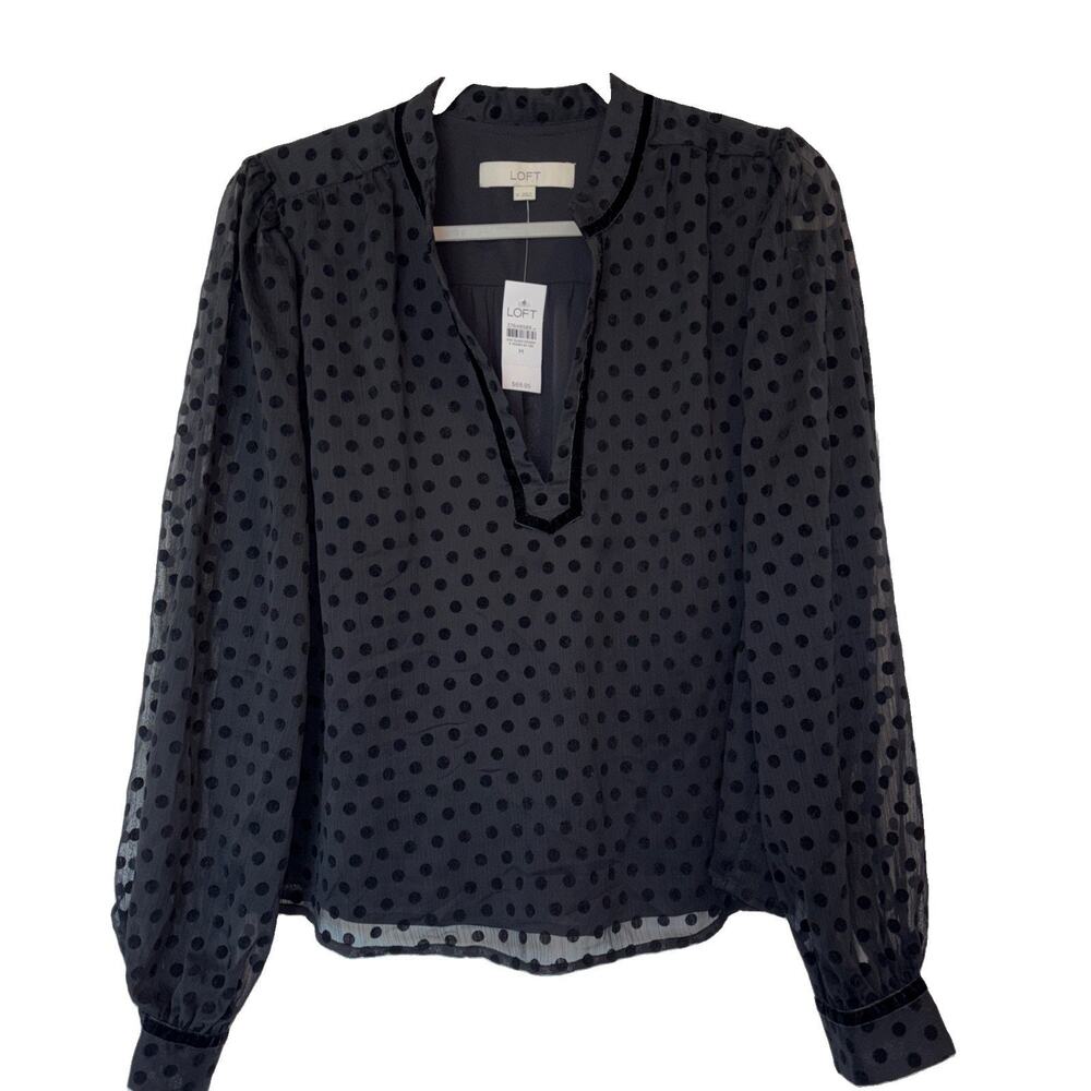 Ann Taylor LOFT M Black velvet Polkadot long sleeve blouse vneck holiday NEW